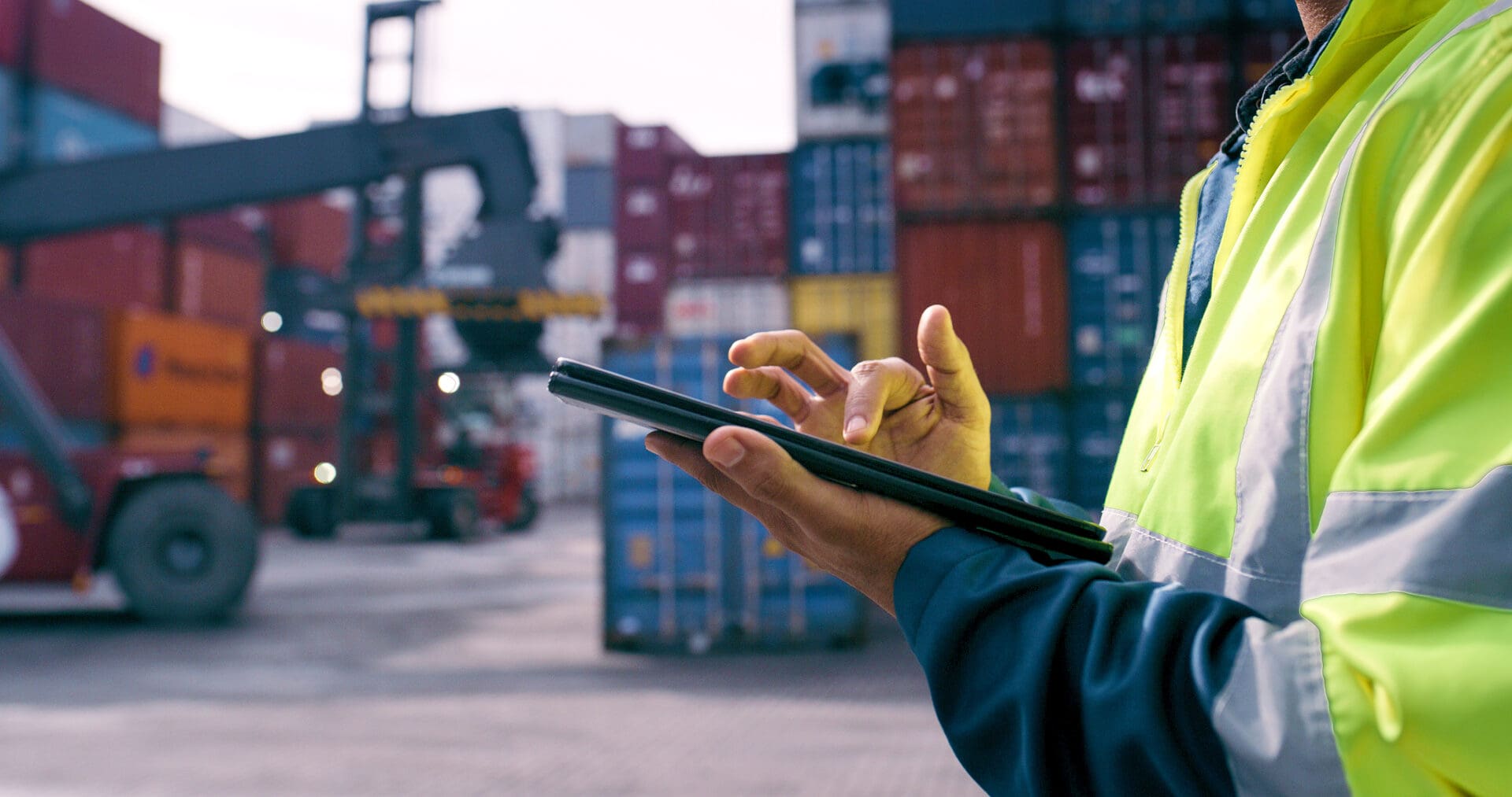 Hand, worker and tablet for shipping outdoor for cargo crane, inventory inspection and delivery safety of logistics. Person, digital and container information, transport service and distribution site Worker using tablet at shipping yard.